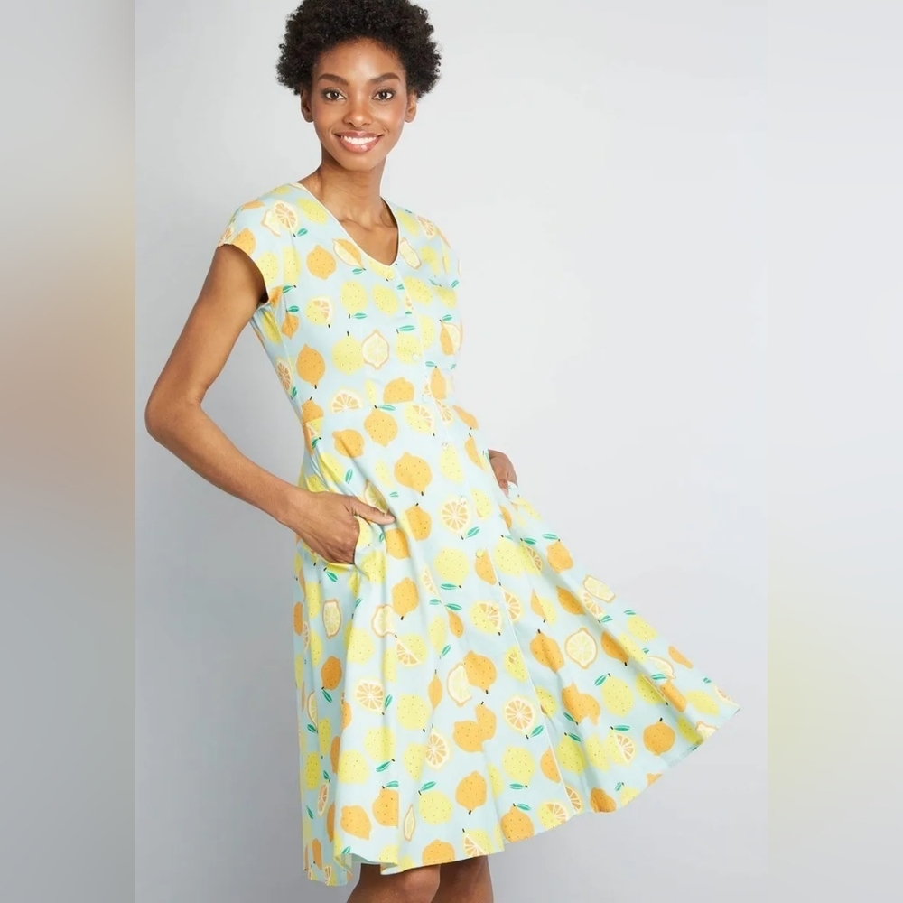 Modcloth Blue Dress with Yellow and Orange Citrus Print - Picture 3 of 14